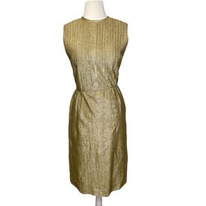 VTG 50s 60s Gold Lame Cocktail Party Dress‎ sz 10 Medium Pleated Normay Hostess